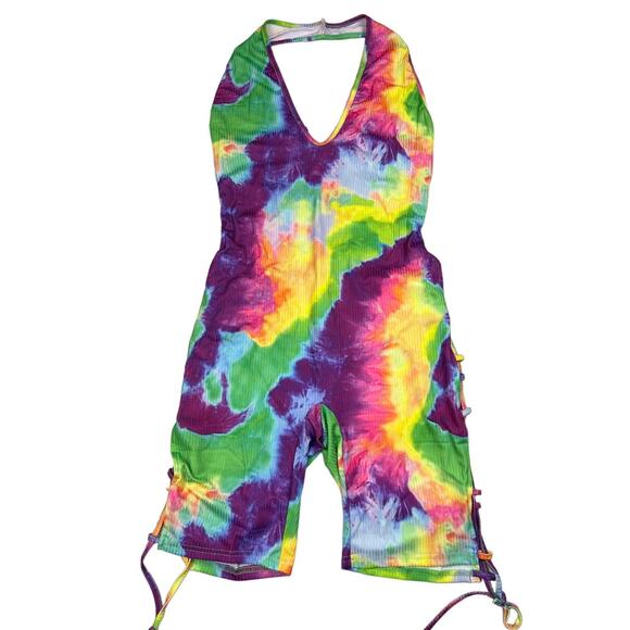 Women's XL Rainbow Tie Dye Sexy Halter Backless Deep V Neck Bodycon Rompers - Picture 1 of 10